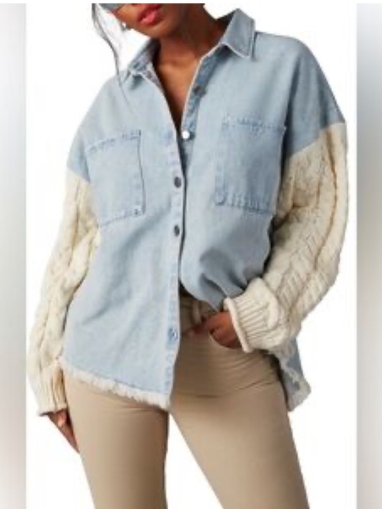 Blu Pepper Jackets & Blazers - NWT Blu Pepper Denim and Cable Knit Mixed Media Shacket (Shirt Jacket), Sz: L